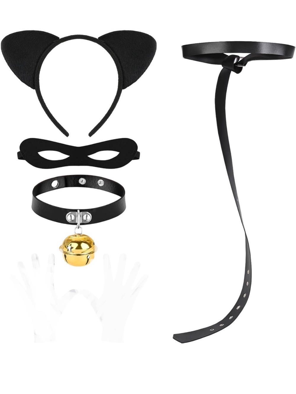 New Open Bag 4Pcs Black Cat Costume Include Cat Ears Headband Tail Eye Mask Bell